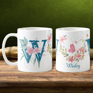 Elegant Watercolor Floral Butterfly Monogram W Coffee Mug