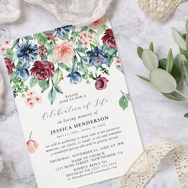 Elegant Watercolor Floral Celebration of Life Invitation (Creator Uploaded)