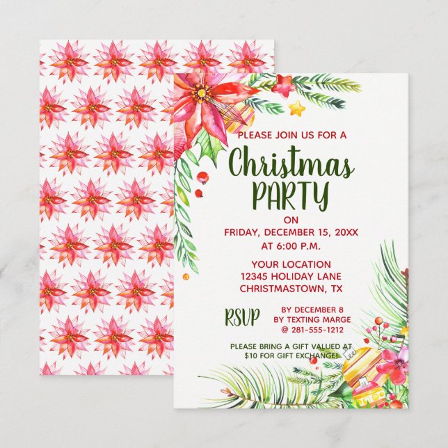 Elegant Watercolor Floral Christmas Holiday Party Invitation (Front/Back)