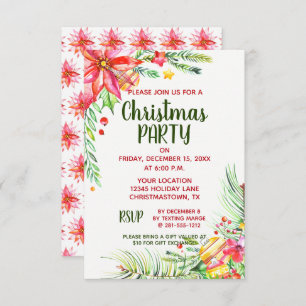 Elegant Watercolor Floral Christmas Holiday Party Invitation