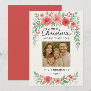 Elegant Watercolor Floral Christmas Photo Card