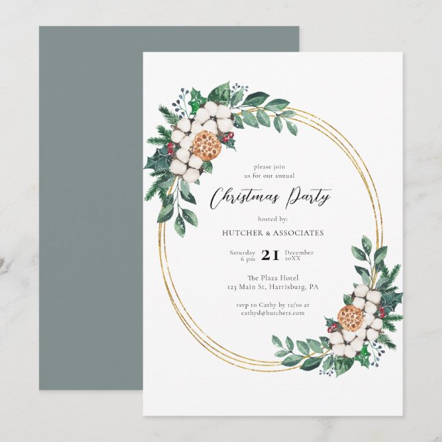 Elegant Watercolor Floral Company Christmas Party  Invitation (Front/Back)