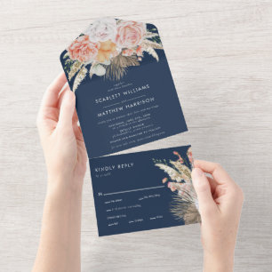 Elegant Watercolor Floral Coral Navy Wedding All In One Invitation