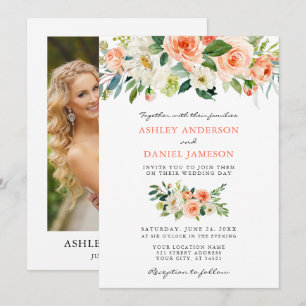 Elegant Watercolor Floral Coral Photo Wedding Invitation