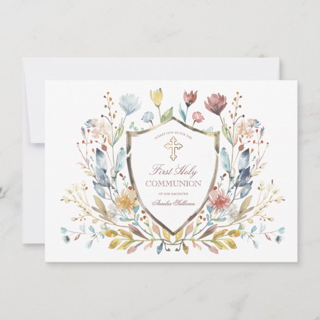 Elegant Watercolor Floral Crest First Communion Invitation (Front)