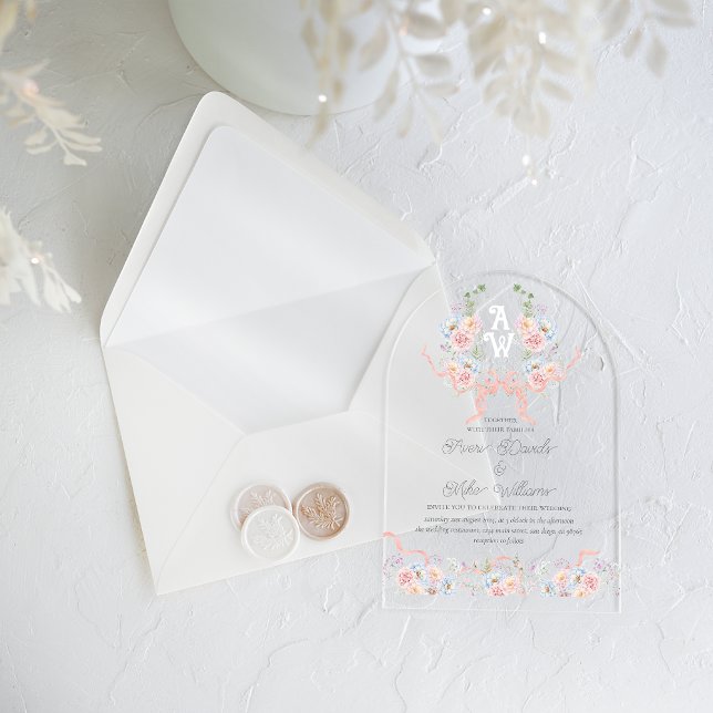 Elegant Watercolor Floral Crest Monogram Wedding Acrylic Invitations (Creator Uploaded)