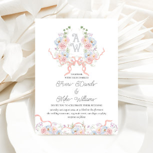 Elegant Watercolor Floral Crest Monogram Wedding Invitation