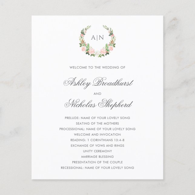 Elegant Watercolor Floral Crest Wedding Program (Front)