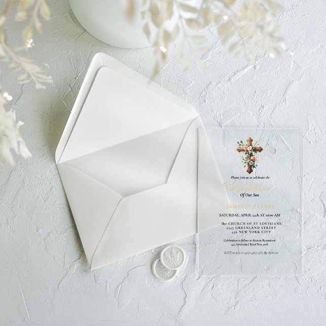 Elegant Watercolor  Floral Cross  Baptism Acrylic Invitations (Creator Uploaded)