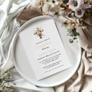 Elegant Watercolor  Floral Cross  Baptism Invitation