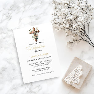 Elegant Watercolor  Floral Cross  Baptism Invitation