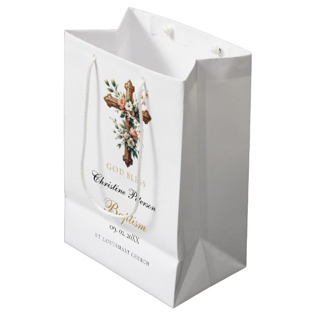Elegant Watercolor Floral Cross Baptism  Medium Gift Bag (Front Angled)