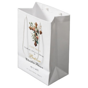 Elegant Watercolor Floral Cross Baptism  Medium Gift Bag