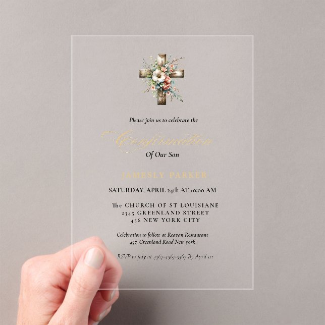 Elegant Watercolor  Floral Cross Confirmation Acrylic Invitations (Insitu (Handheld))