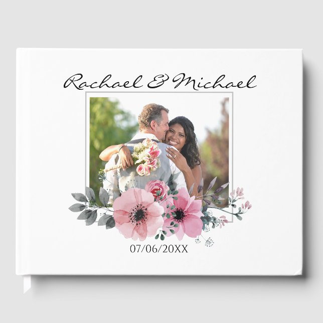 Elegant Watercolor Floral Custom Photo Wedding Guest Book (Front)