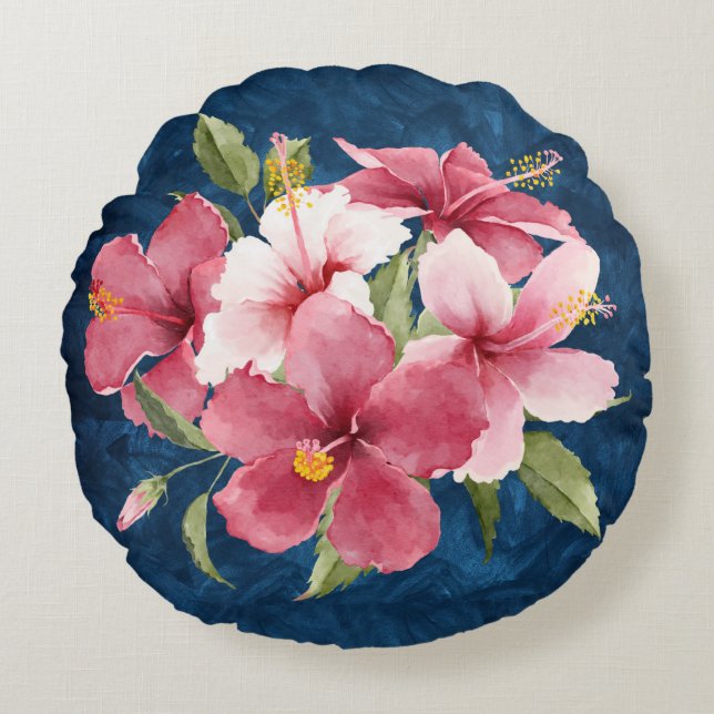 Elegant watercolor floral deep blue marble  round cushion (Front)