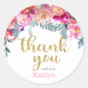 Elegant Watercolor Floral Drop Thank You Classic Round Sticker