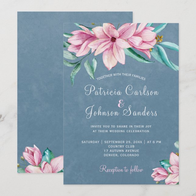 Elegant watercolor floral dusty blue wedding invitation (Front/Back)