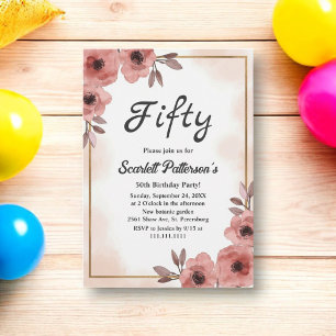Elegant Watercolor Floral Dusty Rose 50th Birthday Invitation