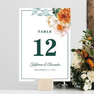 Elegant Watercolor Floral Emerald Green Wedding Table Number