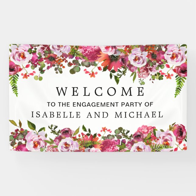 Elegant Watercolor Floral Engagement Party Welcome Banner (Horizontal)