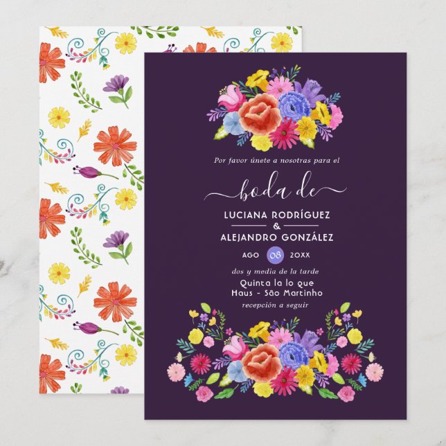 Elegant Watercolor Floral Fiesta Spanish Wedding Invitation (Front/Back)