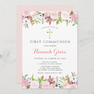 Elegant watercolor floral first communion invitation