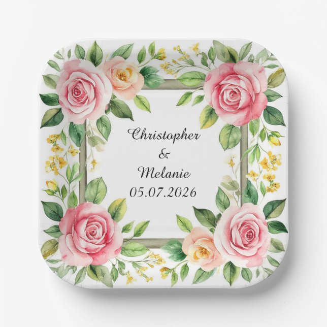 Elegant Watercolor Floral Frame  Paper Plate (Front)