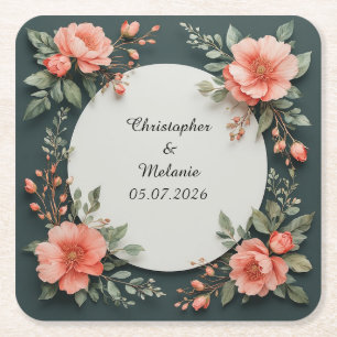 Elegant Watercolor Floral Frame Square Paper Coaster