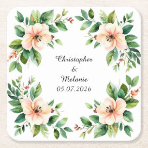 Elegant Watercolor Floral Frame  Square Paper Coaster