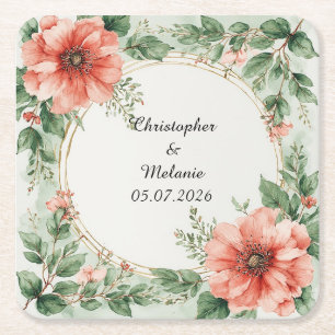 Elegant Watercolor Floral Frame Square Paper Coaster