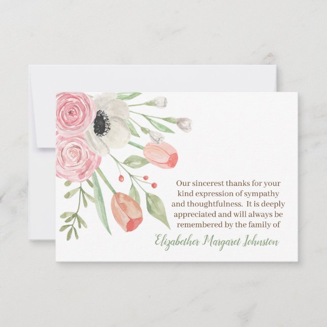 Elegant Watercolor Floral Funeral Bereavement Thank You Card (Front)
