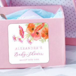 Elegant Watercolor Floral Girl Baby Shower Square Sticker
