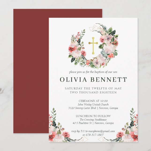 Elegant Watercolor Floral Girl Baptism Invitation (Front/Back)