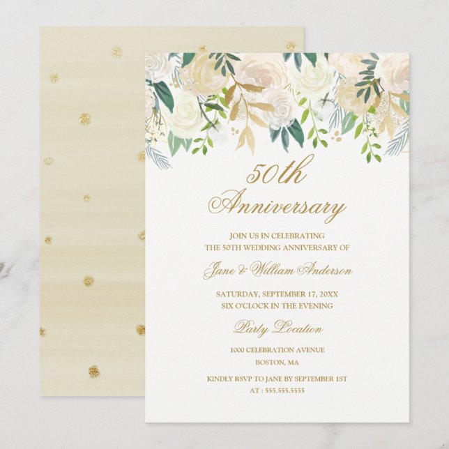 Elegant Watercolor Floral Gold Anniversary Invitation (Front/Back)