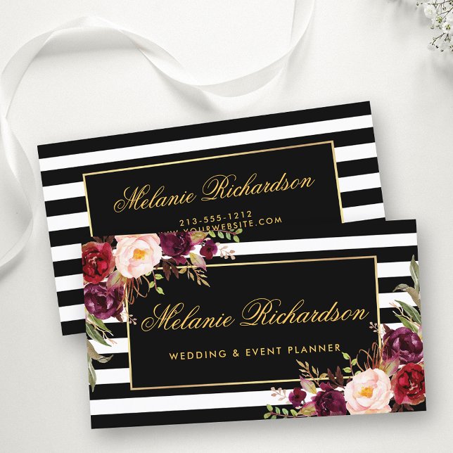 Elegant Watercolor Floral Gold Black Striped Business Card (Customize to change text size, color or text style.)