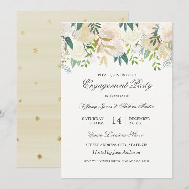 Elegant Watercolor Floral Gold Engagement Party Invitation (Front/Back)