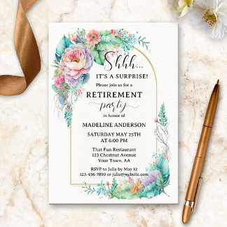 Elegant Watercolor Floral Gold Retirement Invitation