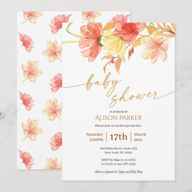Elegant Watercolor Floral Gold Script Baby Shower Invitation (Front/Back)
