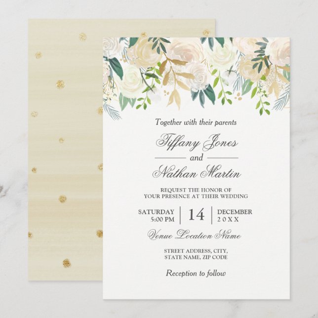 Elegant Watercolor Floral Gold Wedding Invitation (Front/Back)