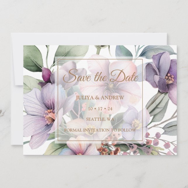 Elegant Watercolor floral gold wedding  Save The Date (Front)