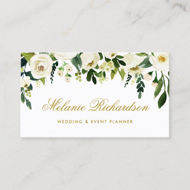 Elegant Watercolor Floral Green Gold Business Card (Front)