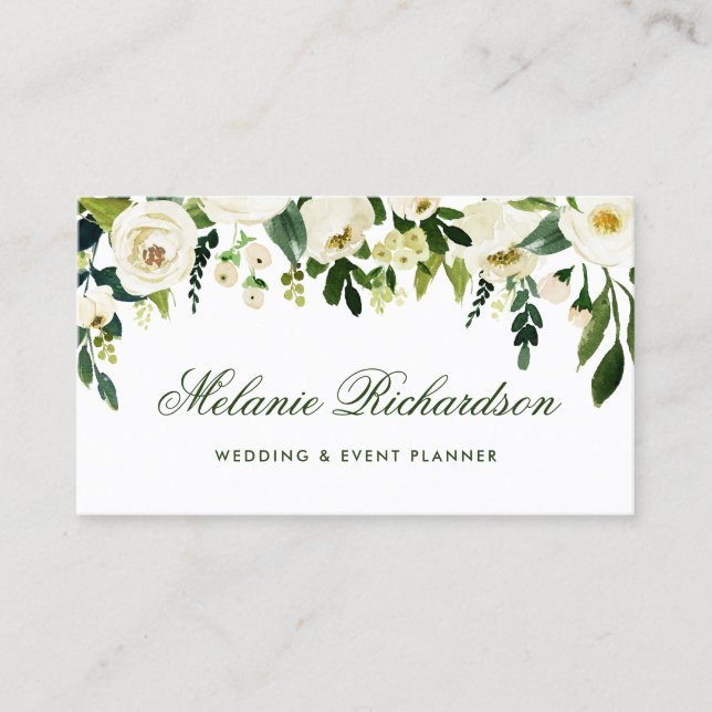 Elegant Watercolor Floral Green White Business Card (Front)