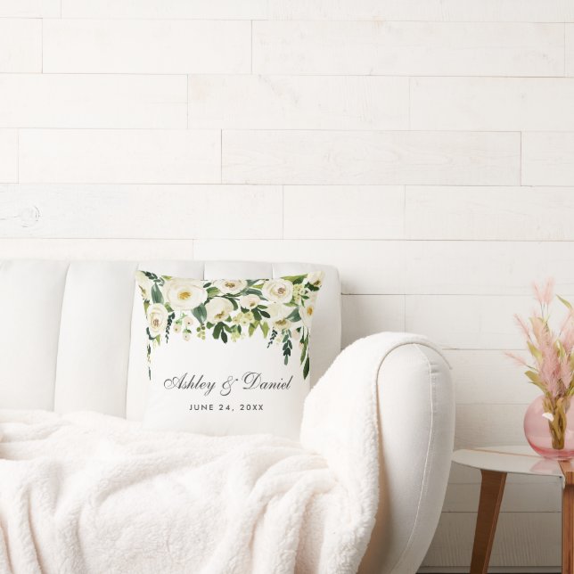 Elegant Watercolor Floral Green White Wedding Cushion (Couch)