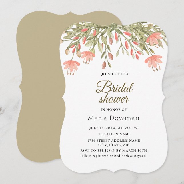 Elegant Watercolor Floral Greenery Bridal Shower Invitation (Front/Back)