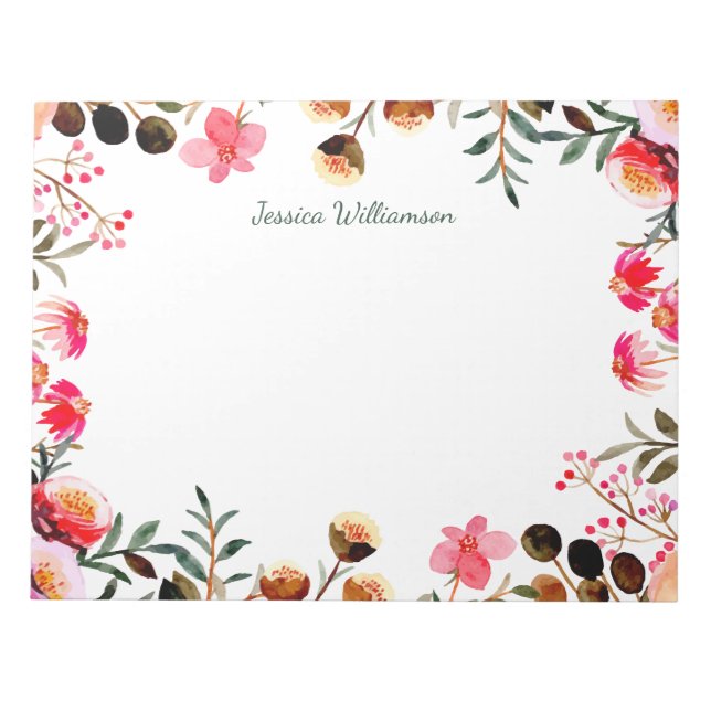Elegant Watercolor Floral Greenery Personalised Notepad (Front)