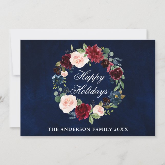 Elegant Watercolor Floral Happy Holidays Holiday Card (Front)