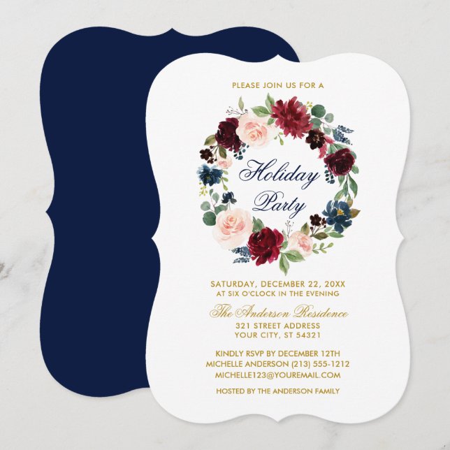 Elegant Watercolor Floral Holiday Party Bracket B Invitation (Front/Back)