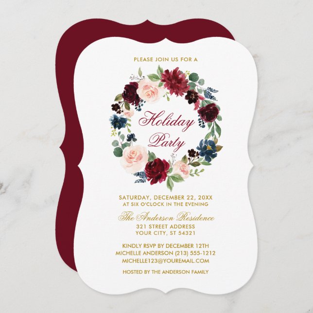 Elegant Watercolor Floral Holiday Party Bracket R Invitation (Front/Back)
