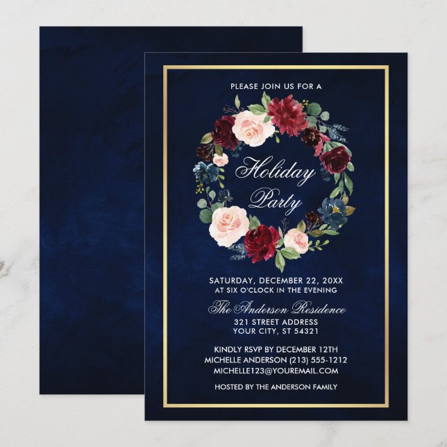 Elegant Watercolor Floral Holiday Party Gold Invitation (Front/Back)